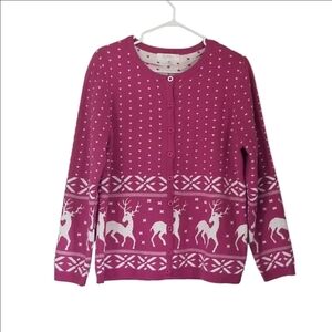 Pink Knit Button Up Reindeer Cardigan Size Medium 12 ( 10-12)